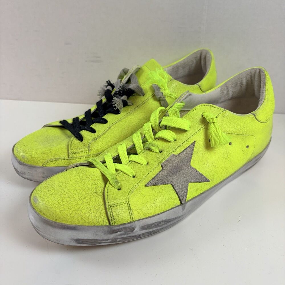 Golden Goose Low Top Lace-Up Sneakers Neon Yellow Silver Distressed Mens Size 11